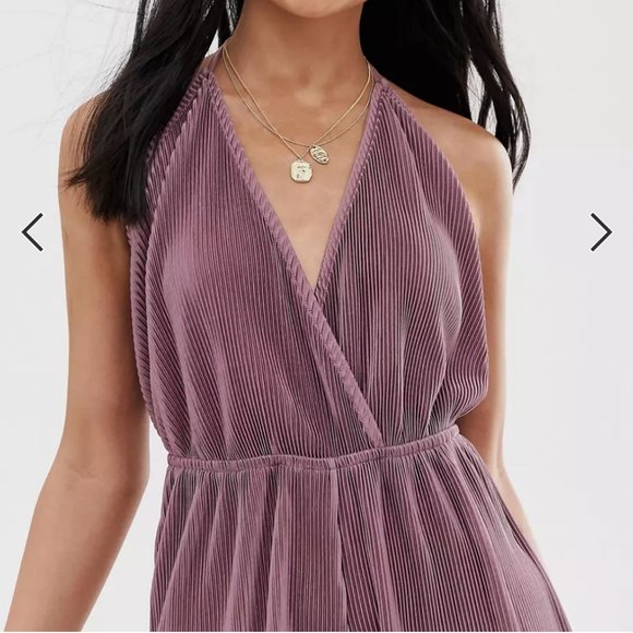 ASOS Petite Plisse V-Neck Halter with Frill Hem Romper - Picture 8 of 9